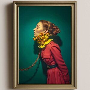 Surreal Woman Portrait Art Print – Red Dress, Golden Floral Collar